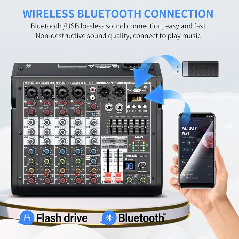 TKLBLS Audio Mixer, 6-Channel Professional DJ Mixer with 99-Bit DSP Effects, 7-Band EQ, 48V Phantom Power, MP3/Computer Input - Studio Audio Mixing Console for Recording & Live Performances - Image 3